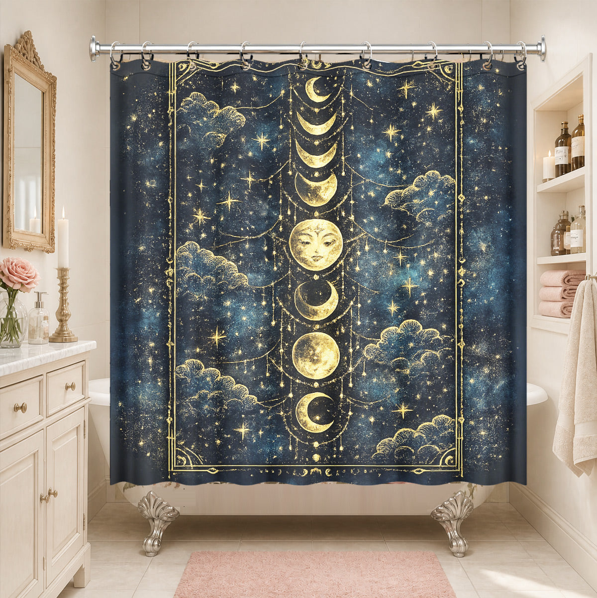 Celestial Sun Moon Dreamcatcher Shower Curtain Vintage Blue Gold Decor