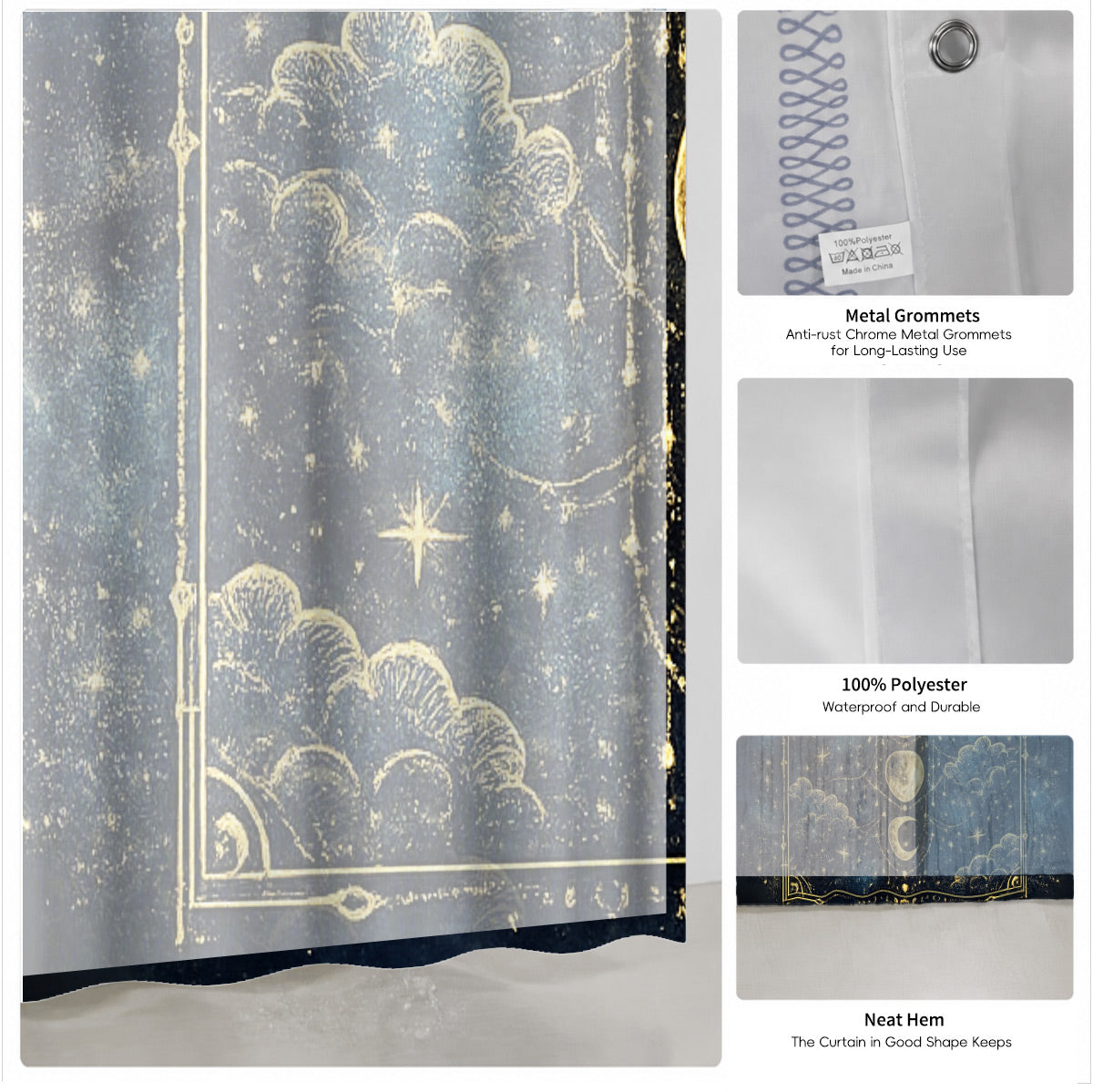 Celestial Sun Moon Dreamcatcher Shower Curtain Vintage Blue Gold Decor