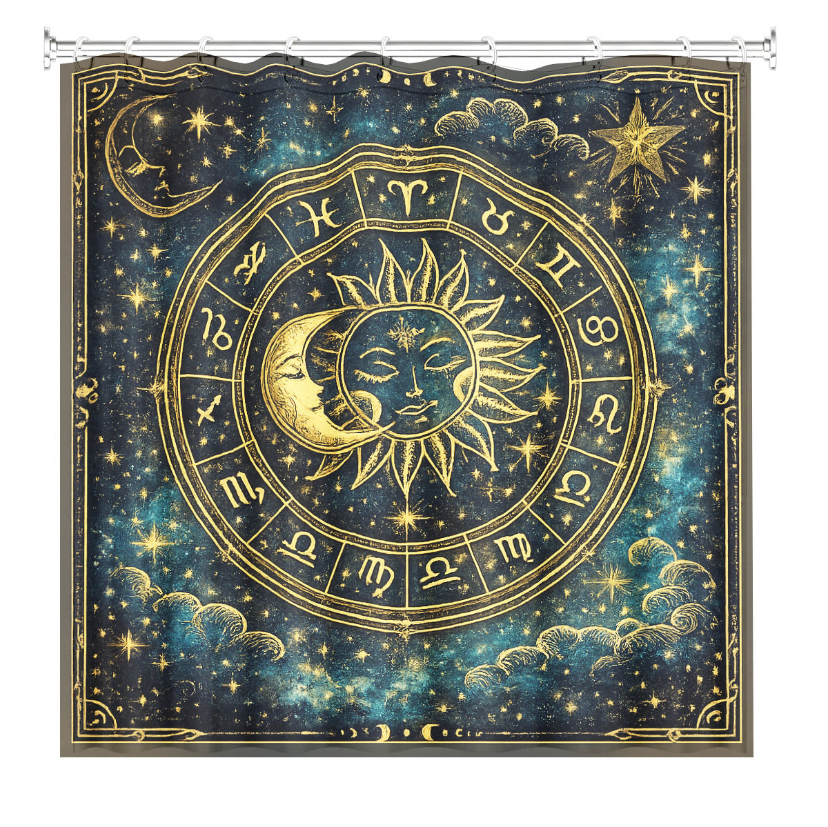 Celestial Sun Moon Dreamcatcher Shower Curtain Vintage Blue Gold Decor