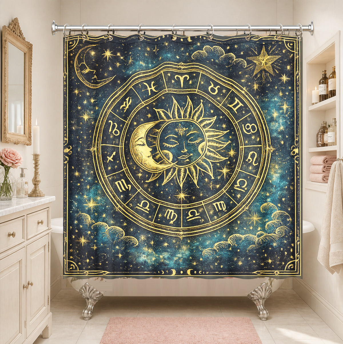 Celestial Sun Moon Dreamcatcher Shower Curtain Vintage Blue Gold Decor
