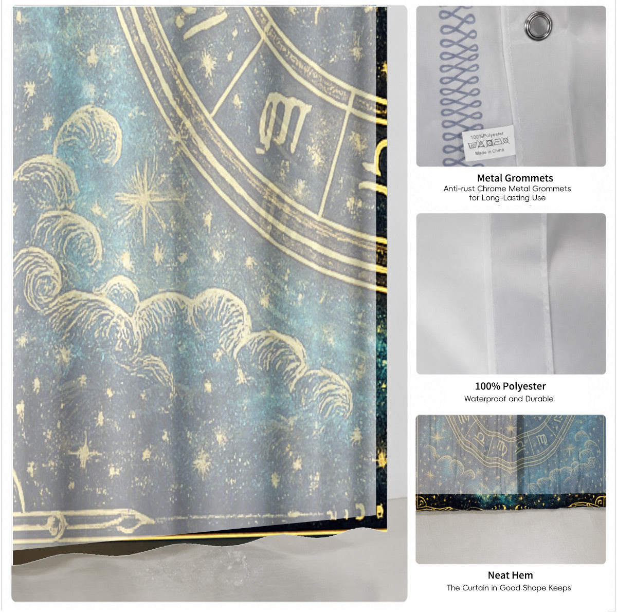 Celestial Sun Moon Dreamcatcher Shower Curtain Vintage Blue Gold Decor