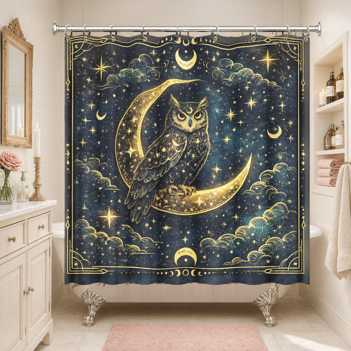 Celestial Sun Moon Dreamcatcher Shower Curtain Vintage Blue Gold Decor