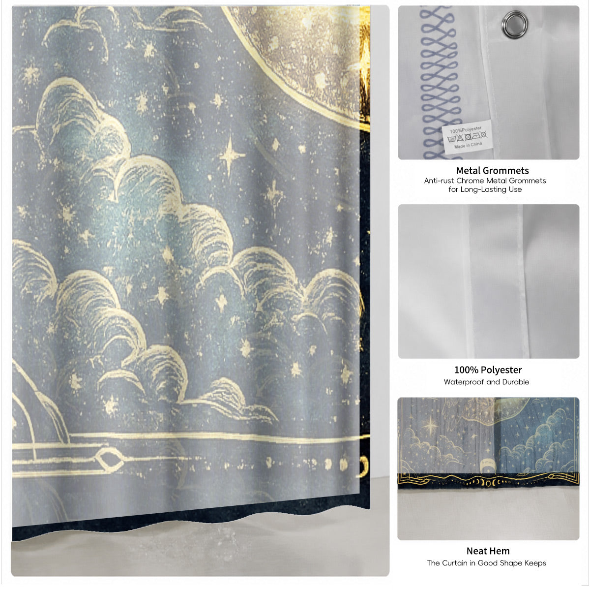 Celestial Sun Moon Dreamcatcher Shower Curtain Vintage Blue Gold Decor
