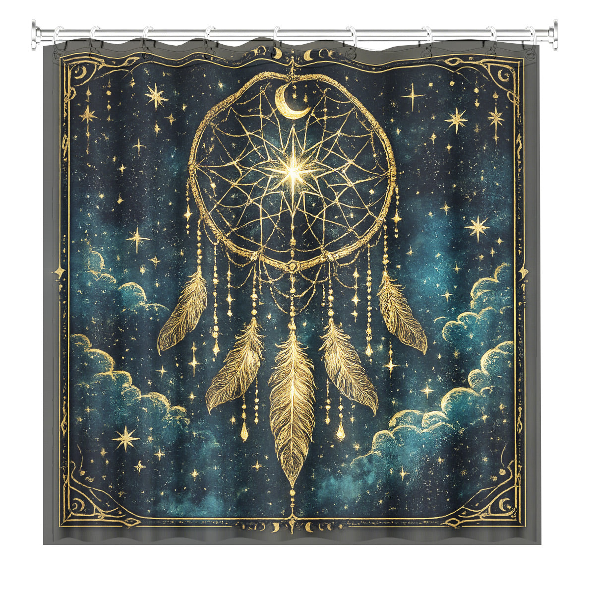 Celestial Sun Moon Dreamcatcher Shower Curtain Vintage Blue Gold Decor