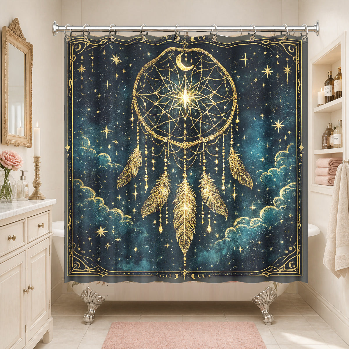 Celestial Sun Moon Dreamcatcher Shower Curtain Vintage Blue Gold Decor