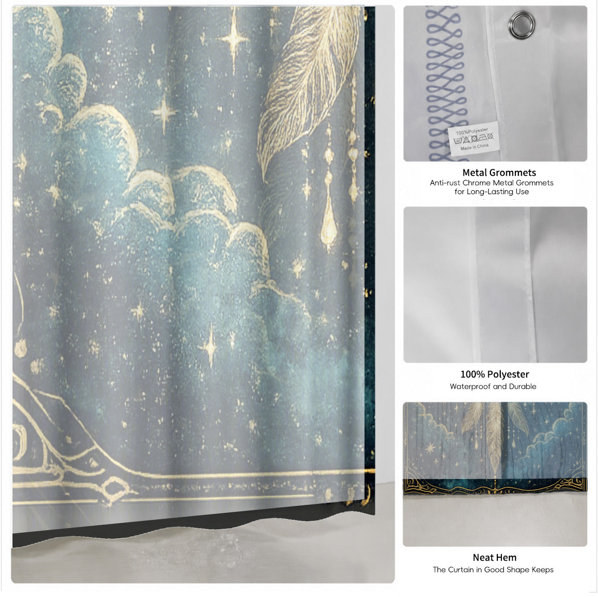 Celestial Sun Moon Dreamcatcher Shower Curtain Vintage Blue Gold Decor