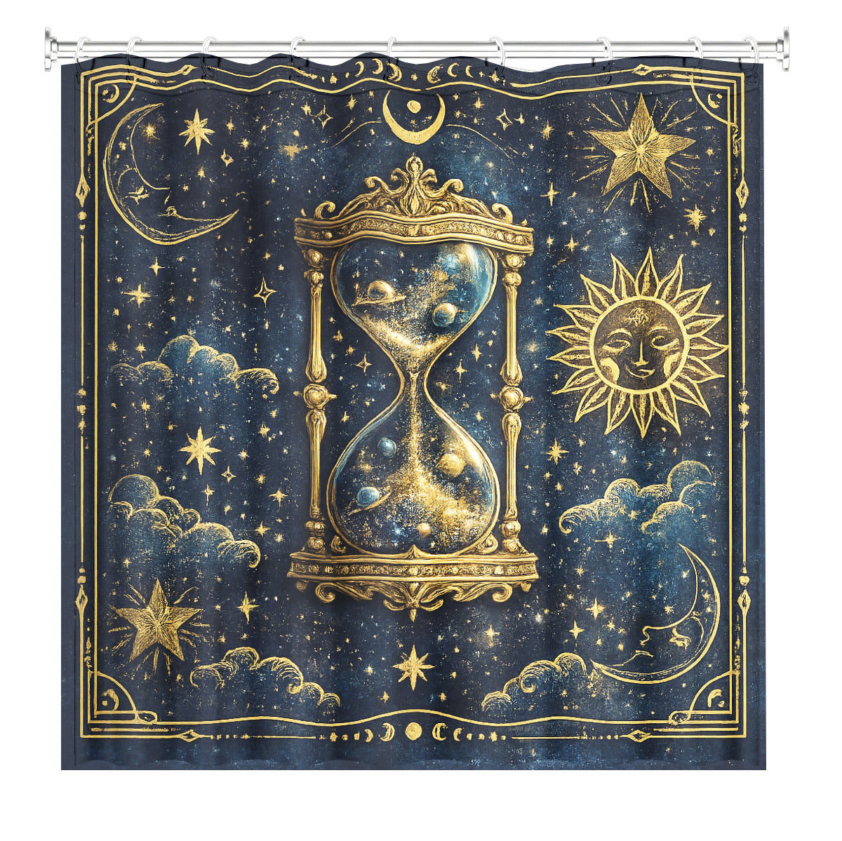 Celestial Sun Moon Dreamcatcher Shower Curtain Vintage Blue Gold Decor