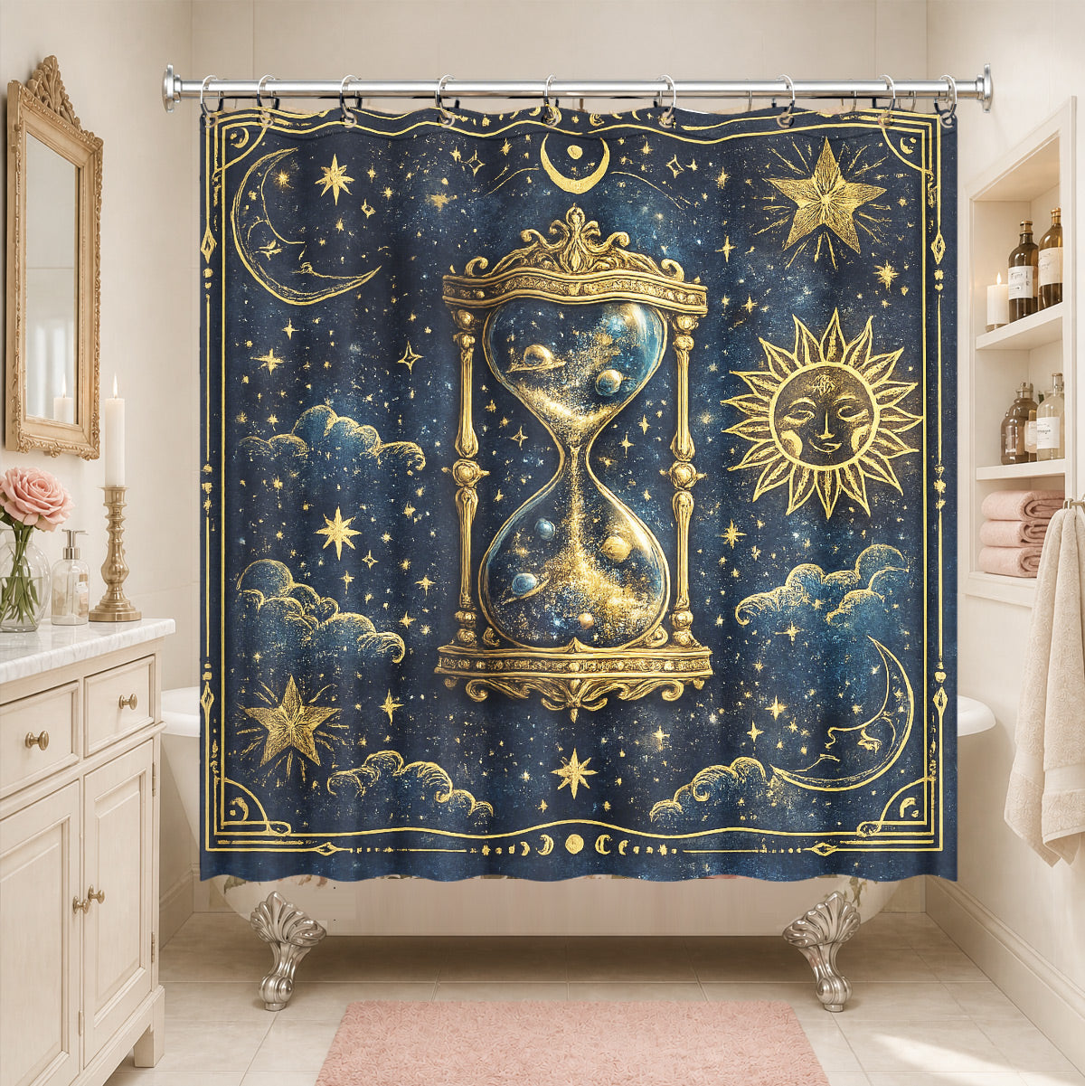 Celestial Sun Moon Dreamcatcher Shower Curtain Vintage Blue Gold Decor