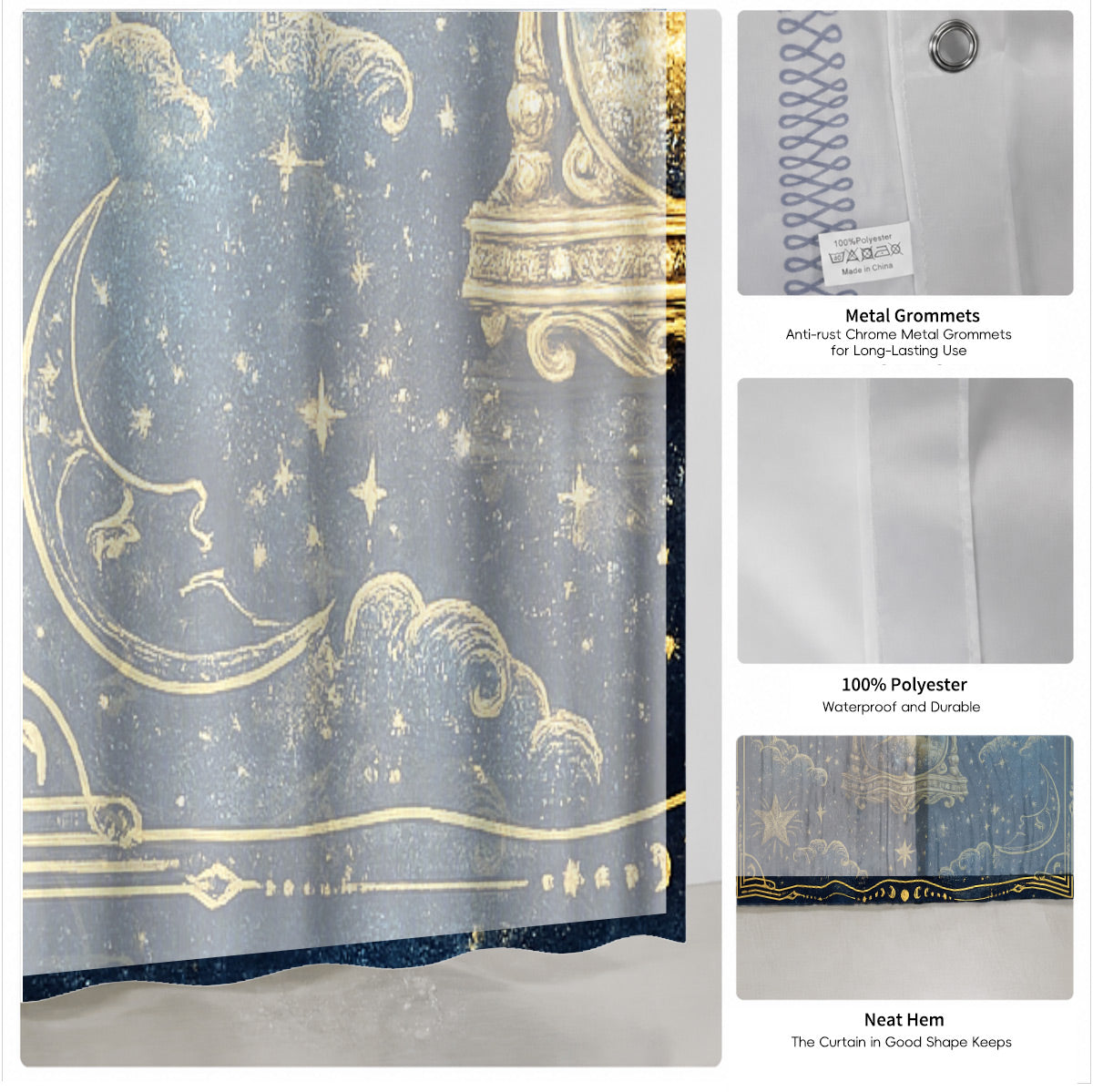 Celestial Sun Moon Dreamcatcher Shower Curtain Vintage Blue Gold Decor