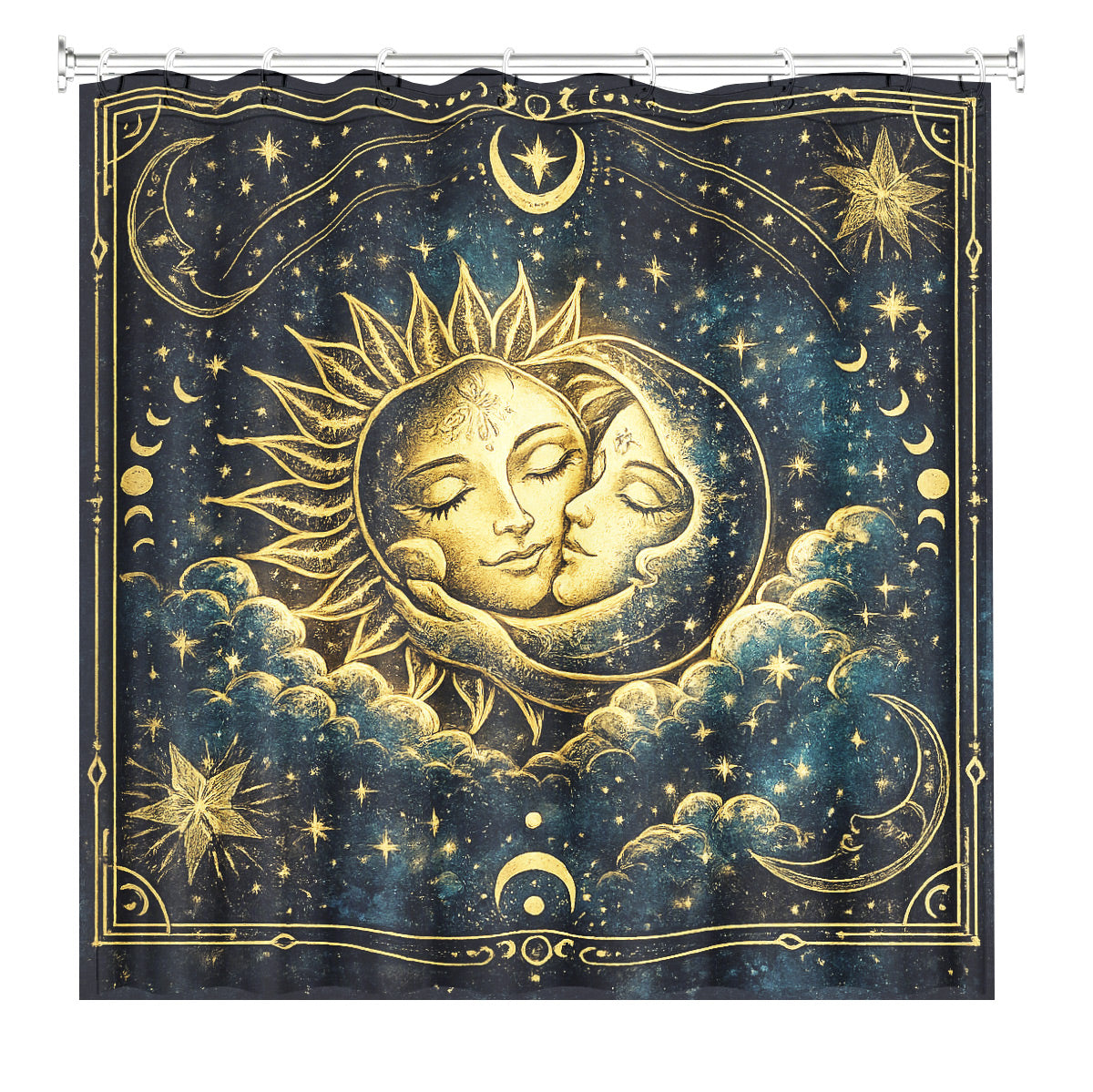 Celestial Sun Moon Dreamcatcher Shower Curtain Vintage Blue Gold Decor