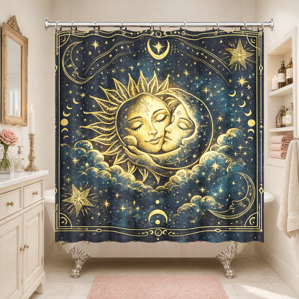 Celestial Sun Moon Dreamcatcher Shower Curtain Vintage Blue Gold Decor