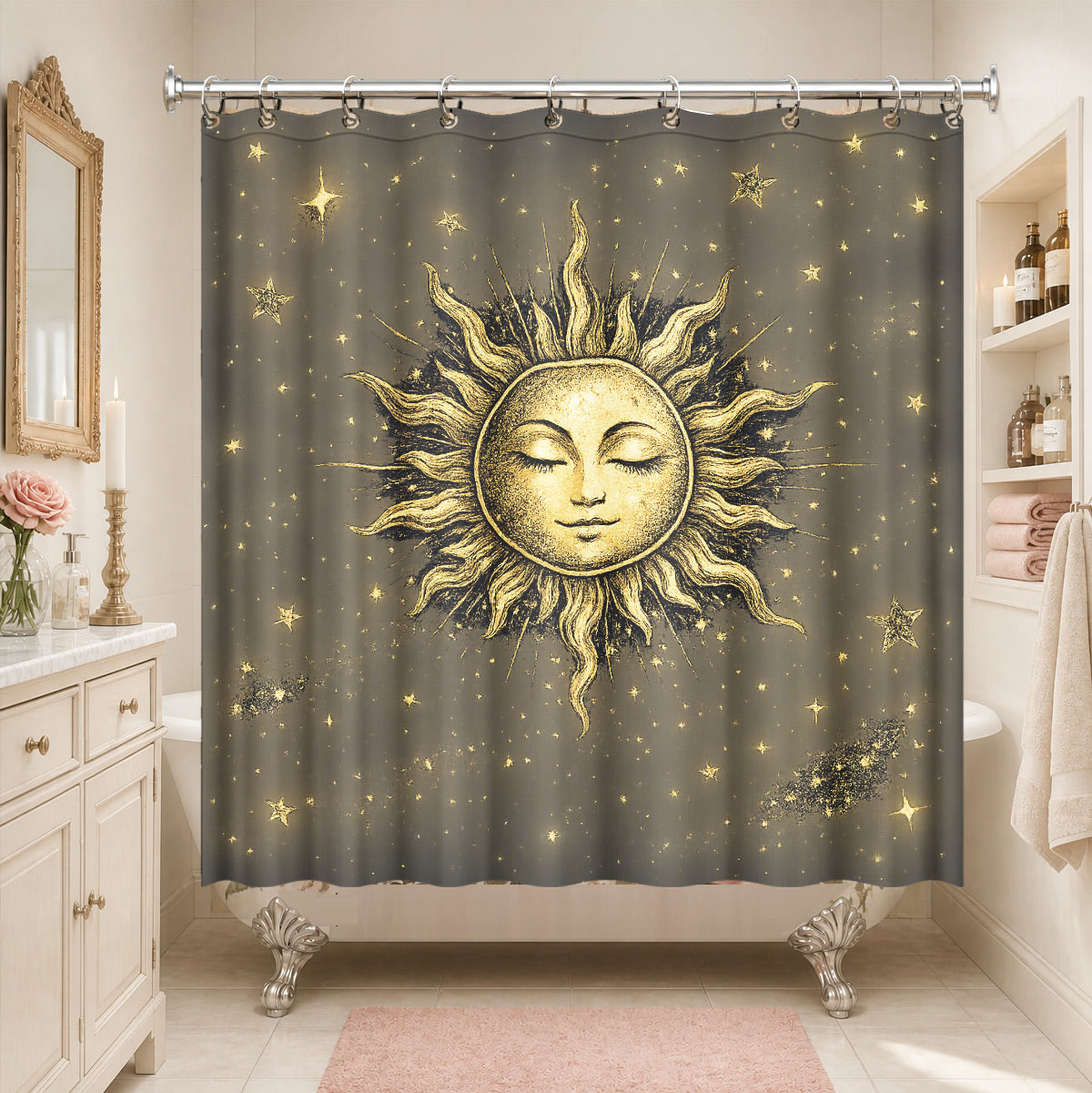 Celestial Sun Moon Dreamcatcher Shower Curtain Vintage Galaxy Bath Decor