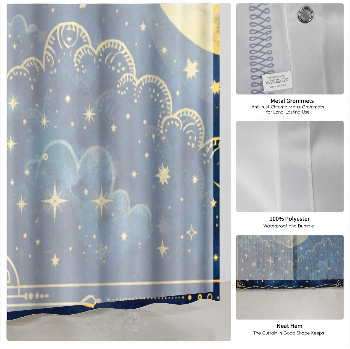 Celestial Sun Moon Shower Curtain Vintage Navy Blue Waterproof Decor