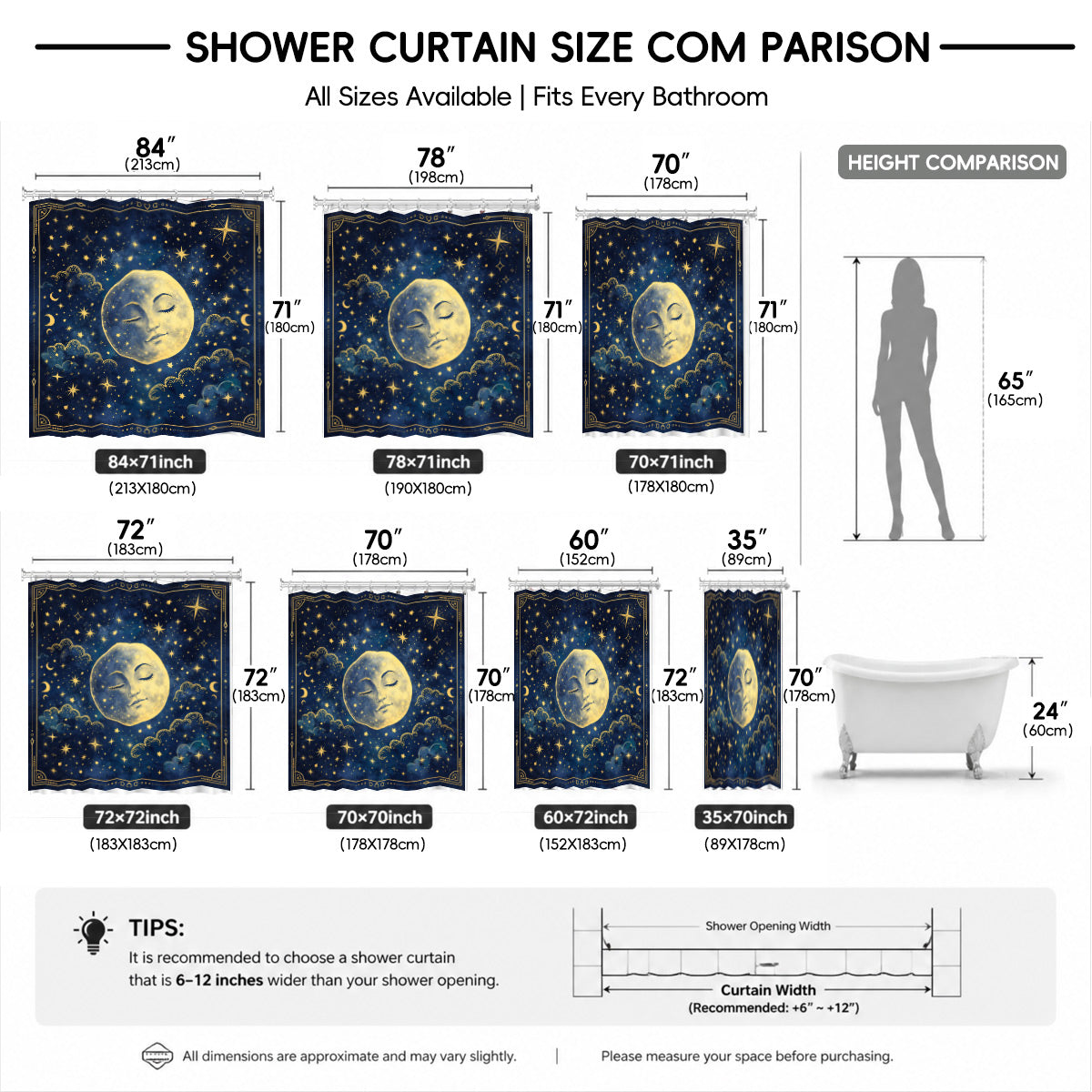 Celestial Sun Moon Shower Curtain Vintage Navy Blue Waterproof Decor