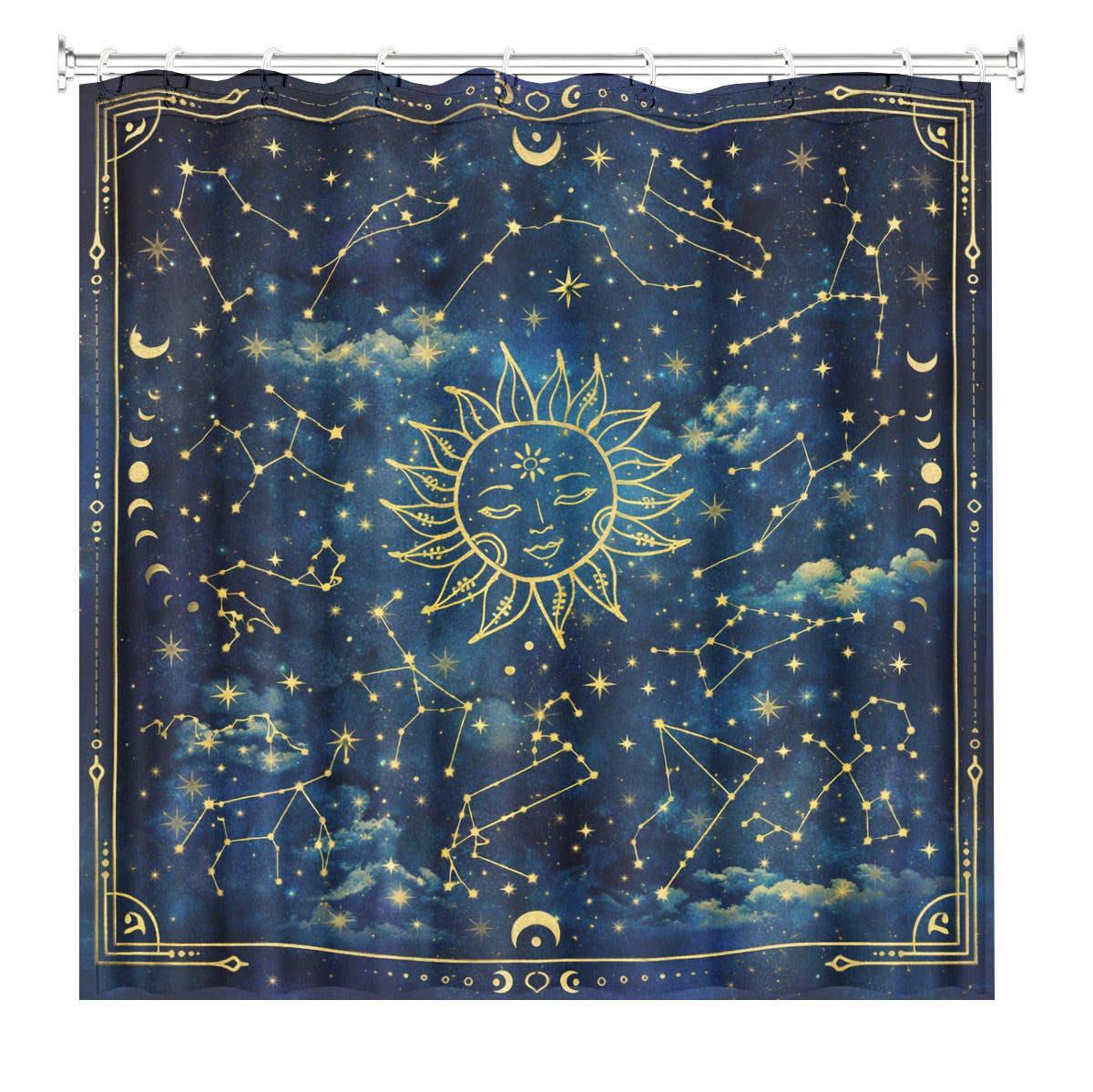 Celestial Sun Moon Shower Curtain Vintage Navy Blue Waterproof Decor