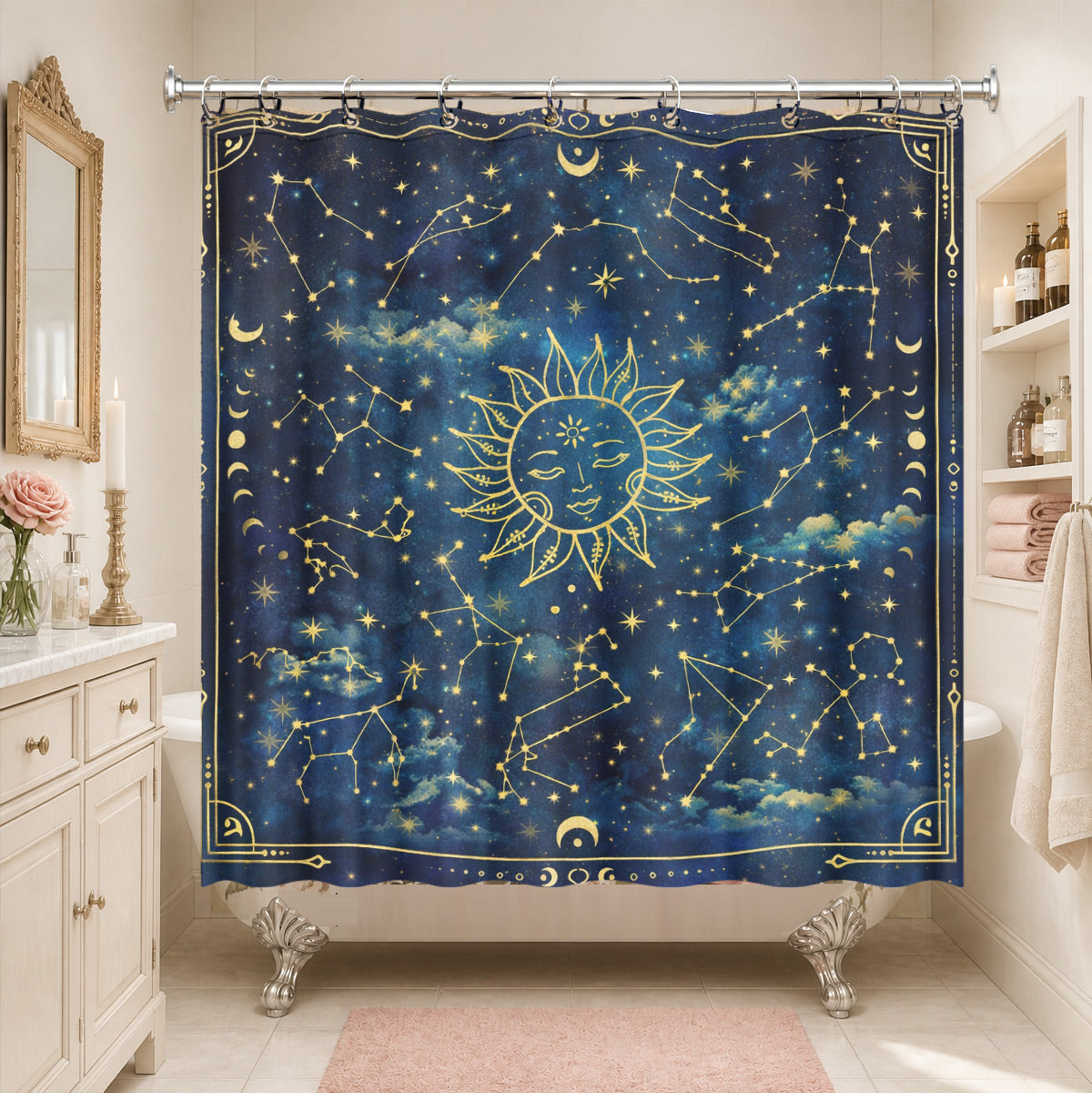 Celestial Sun Moon Shower Curtain Vintage Navy Blue Waterproof Decor