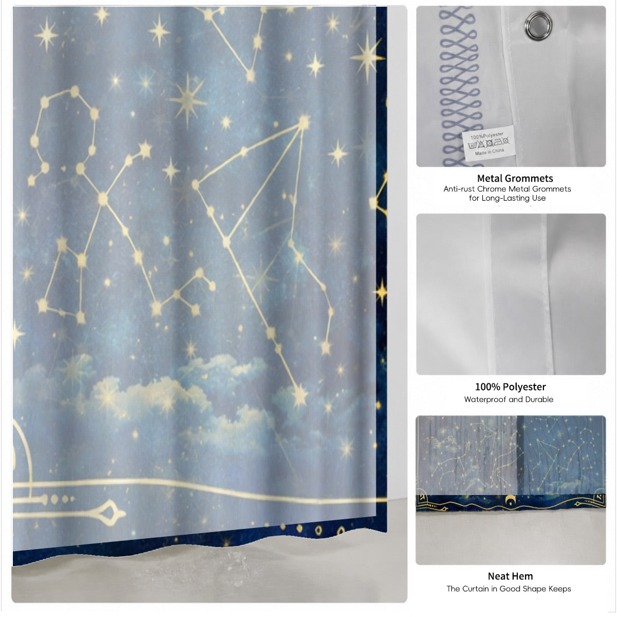 Celestial Sun Moon Shower Curtain Vintage Navy Blue Waterproof Decor