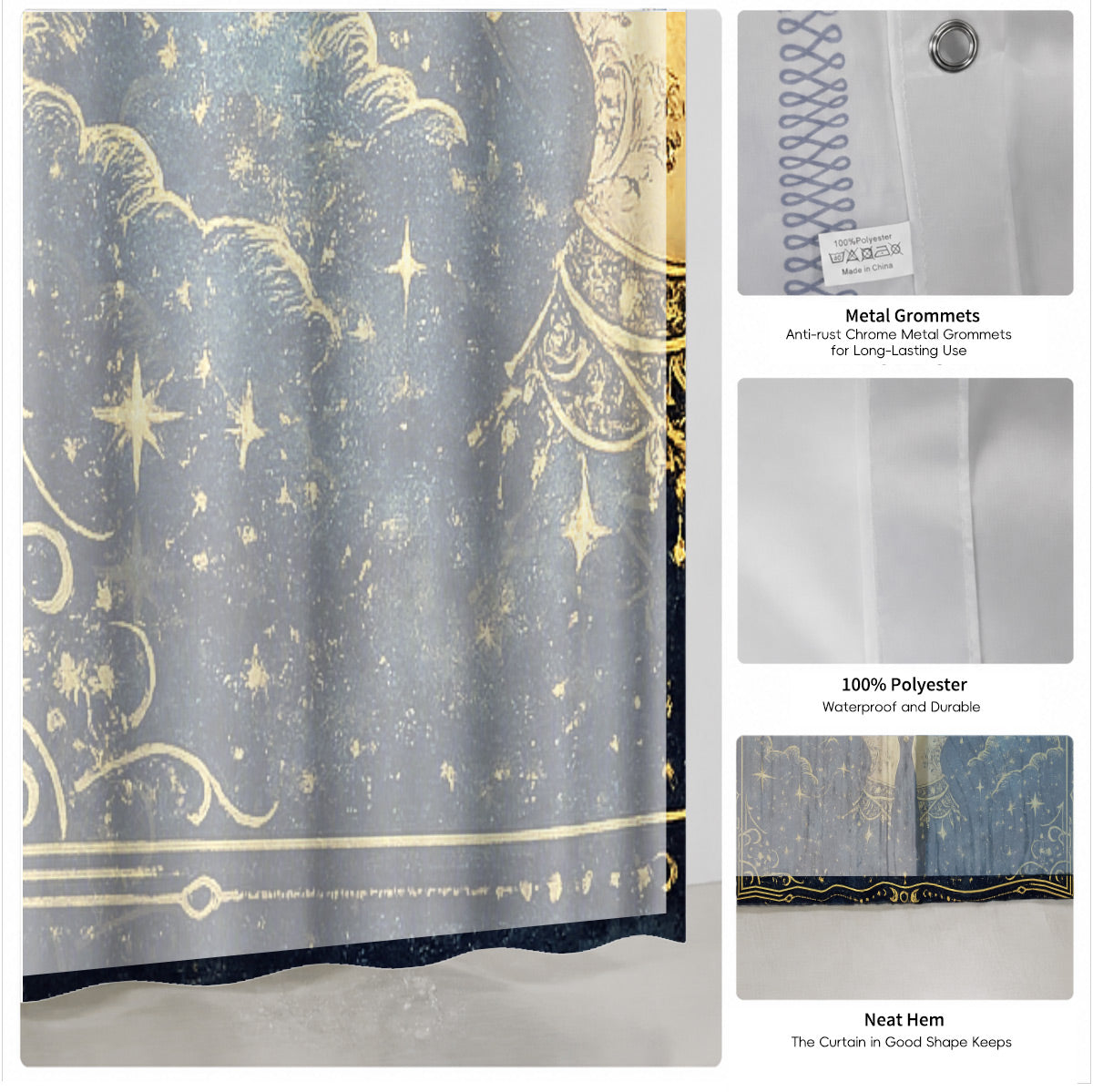 Celestial Sun Moon Shower Curtain Vintage Navy Blue Waterproof Decor