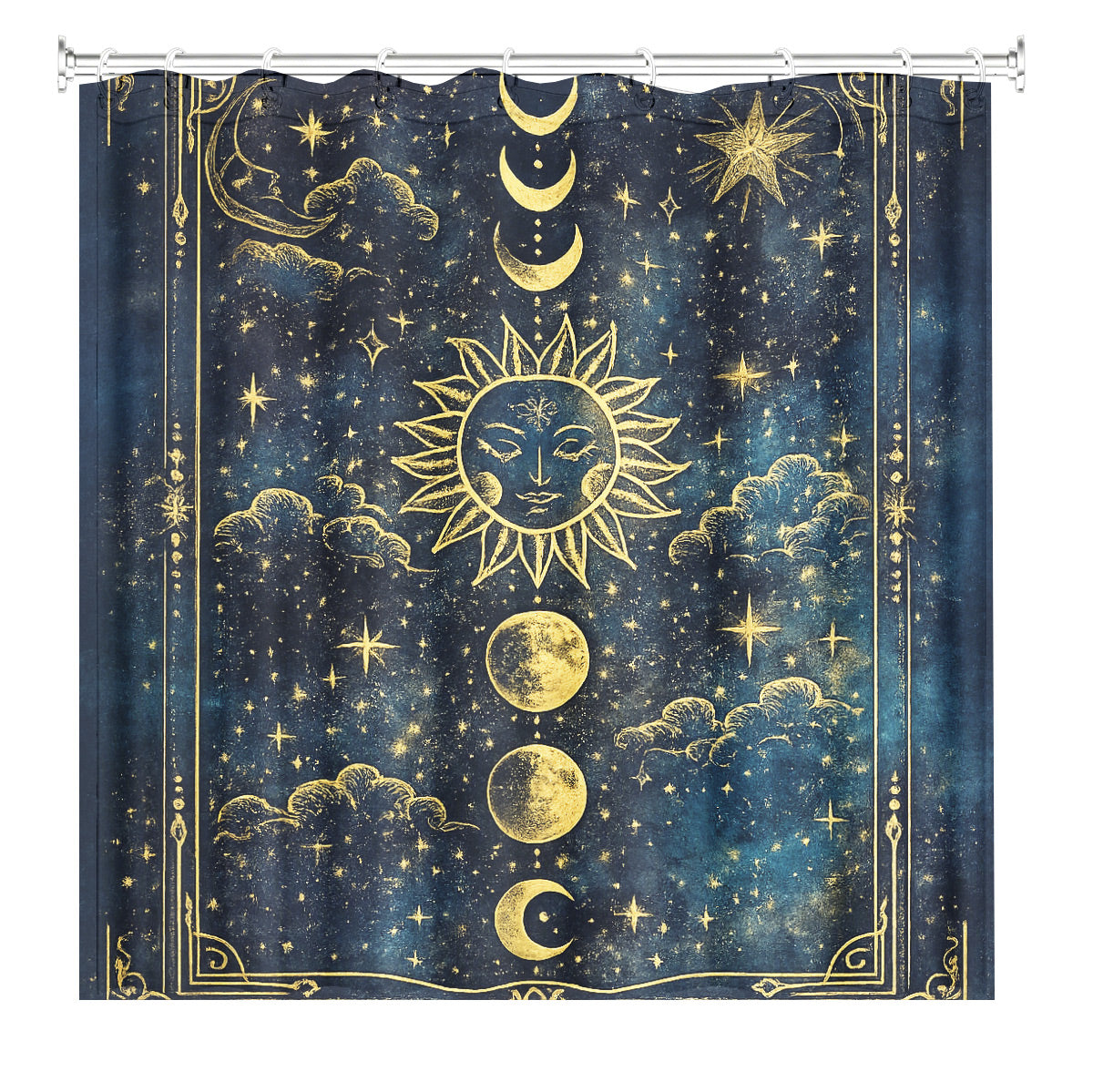 Celestial Sun Moon Shower Curtain Vintage Navy Blue Waterproof Decor