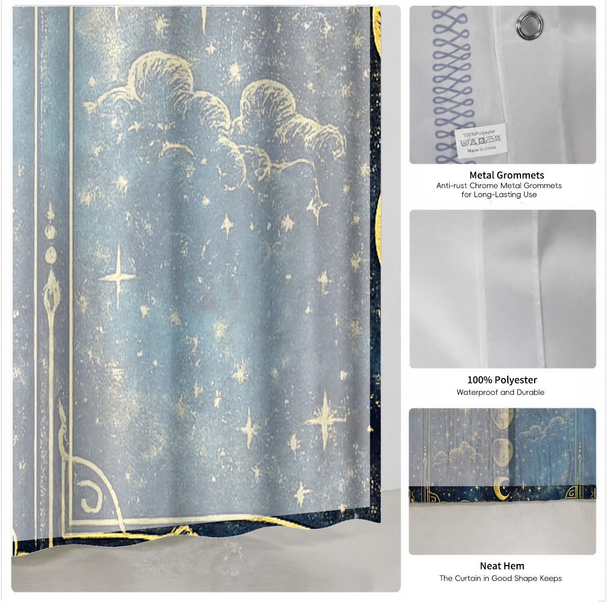 Celestial Sun Moon Shower Curtain Vintage Navy Blue Waterproof Decor