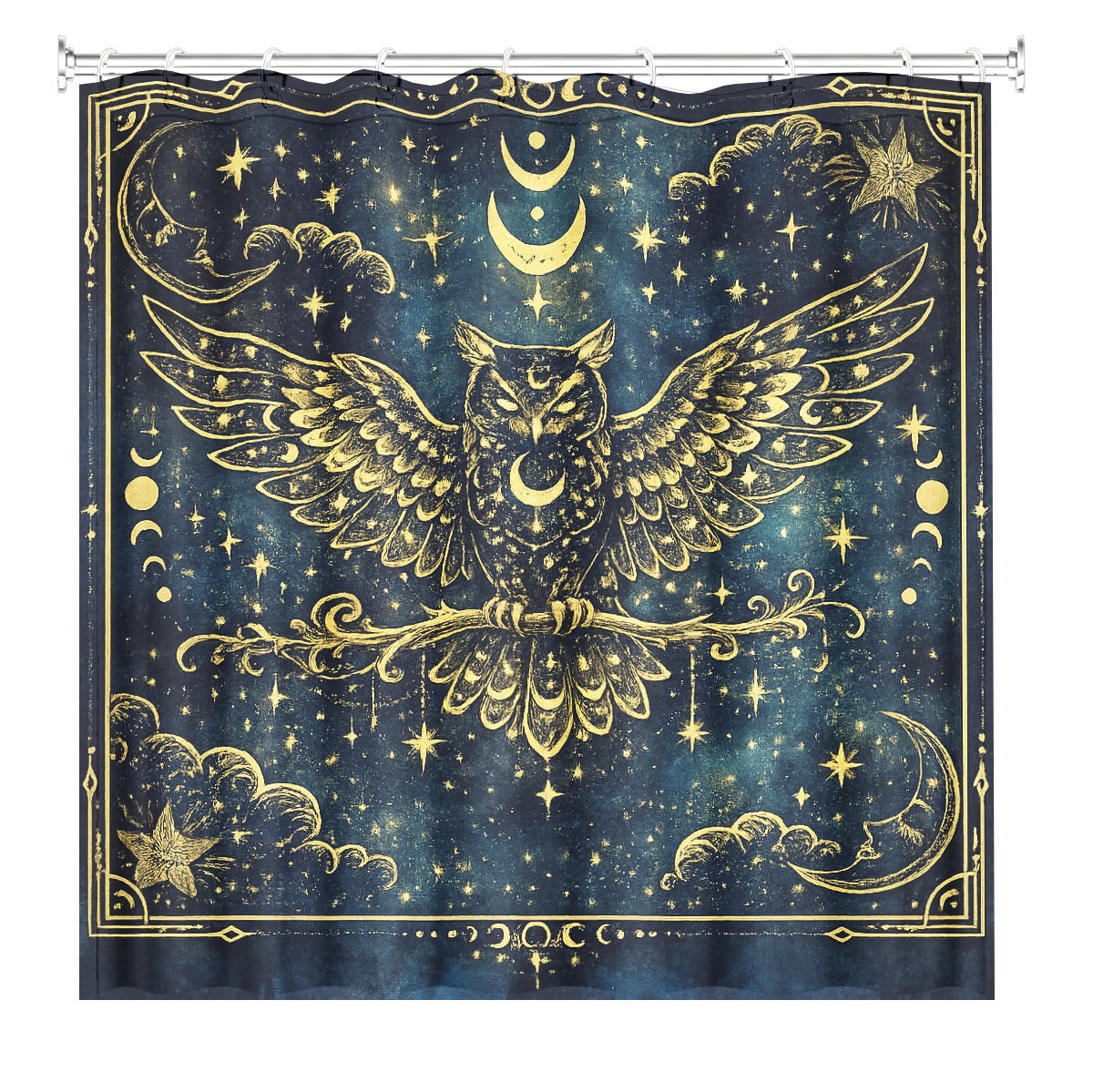Celestial Sun Moon Shower Curtain Vintage Navy Blue Waterproof Decor