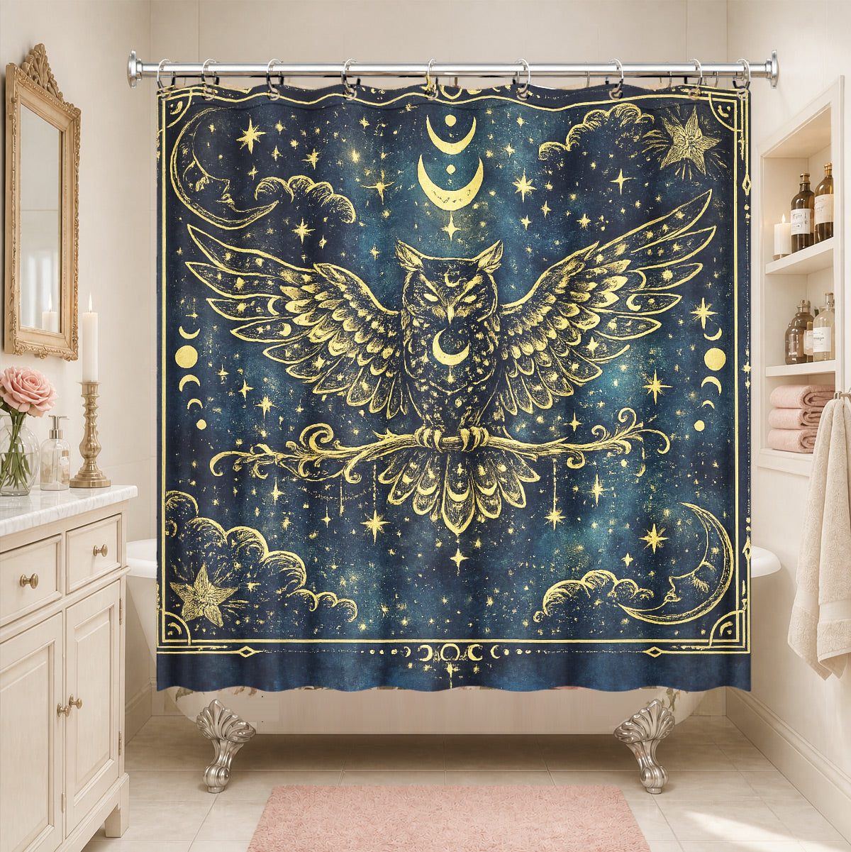 Celestial Sun Moon Shower Curtain Vintage Navy Blue Waterproof Decor