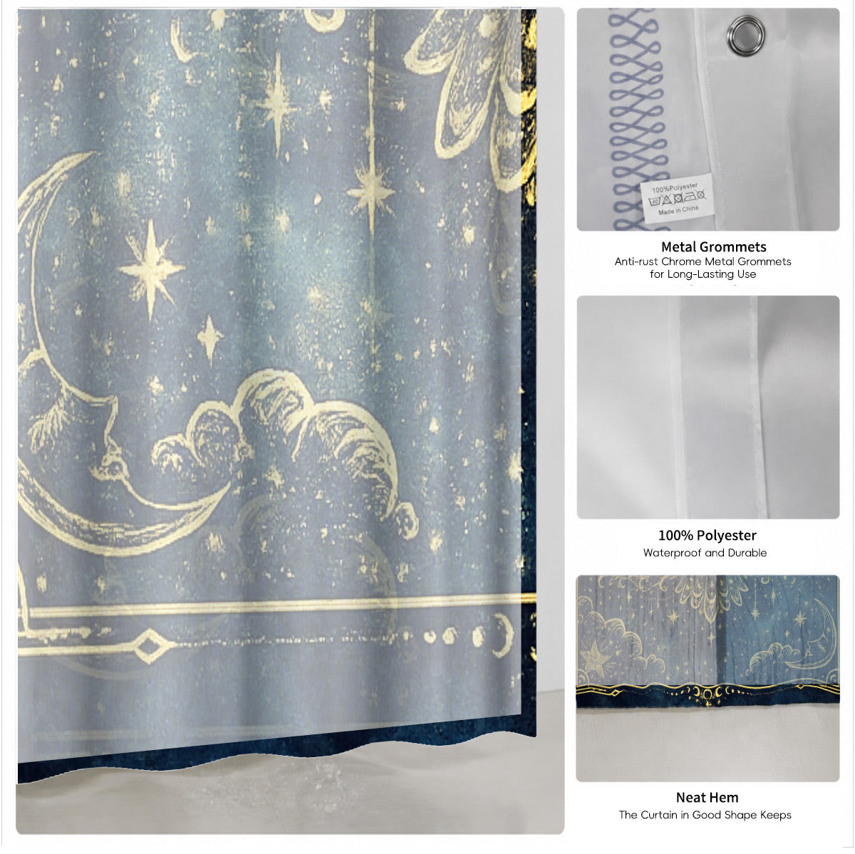 Celestial Sun Moon Shower Curtain Vintage Navy Blue Waterproof Decor