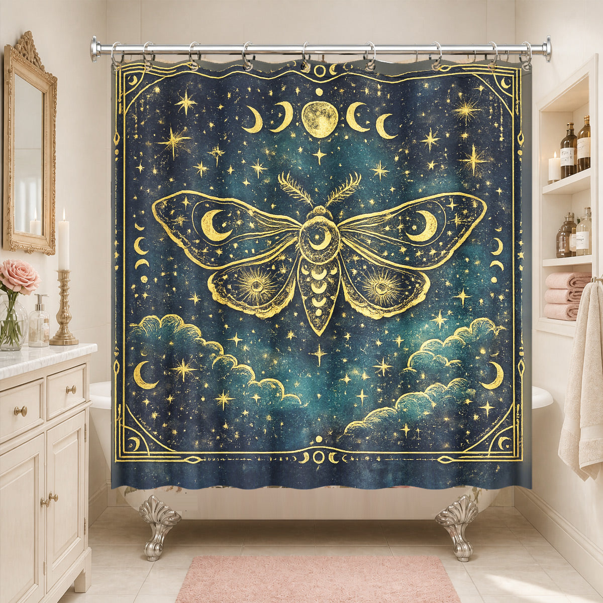 Celestial Sun Moon Shower Curtain Vintage Navy Blue Waterproof Decor