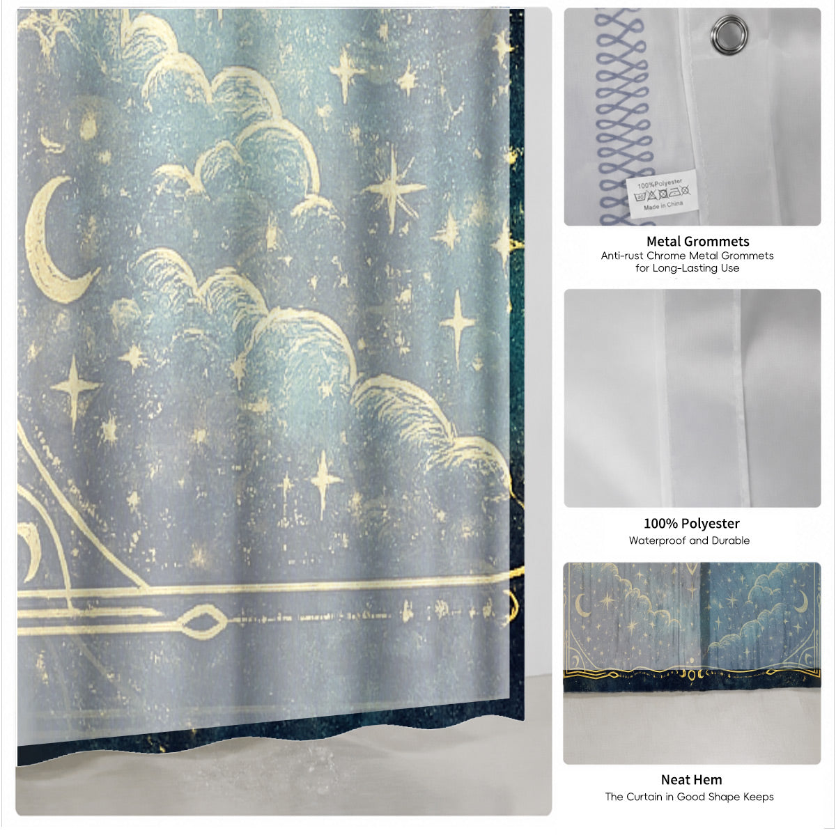 Celestial Sun Moon Shower Curtain Vintage Navy Blue Waterproof Decor