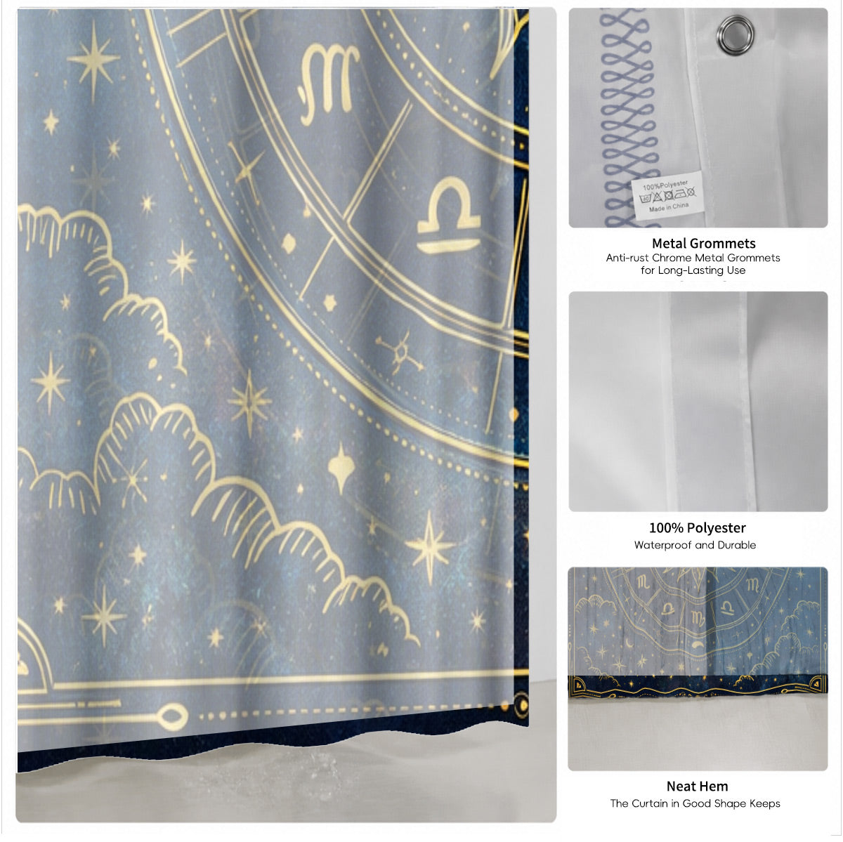 Celestial Sun Moon Shower Curtain Vintage Navy Blue Waterproof Decor