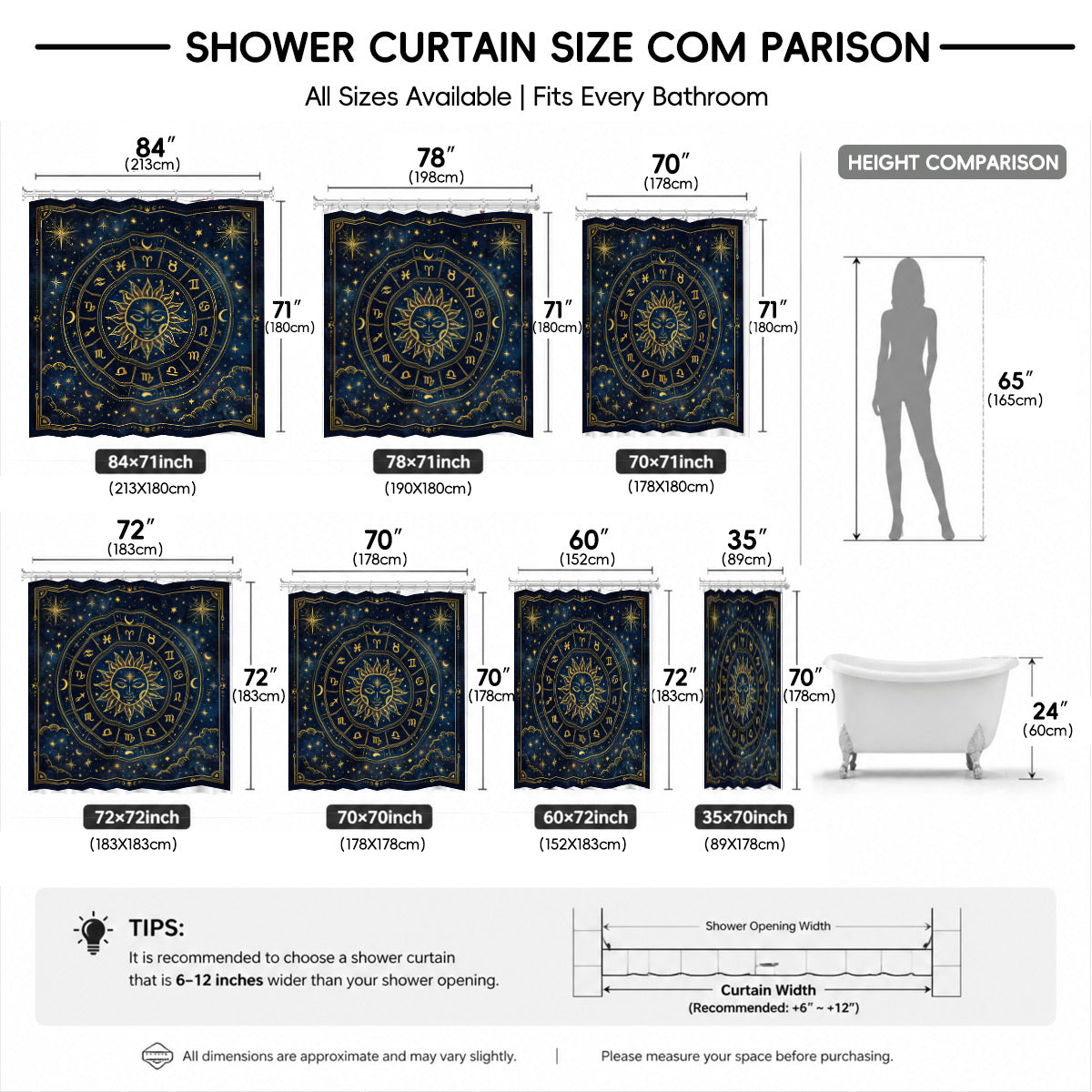 Celestial Sun Moon Shower Curtain Vintage Navy Blue Waterproof Decor