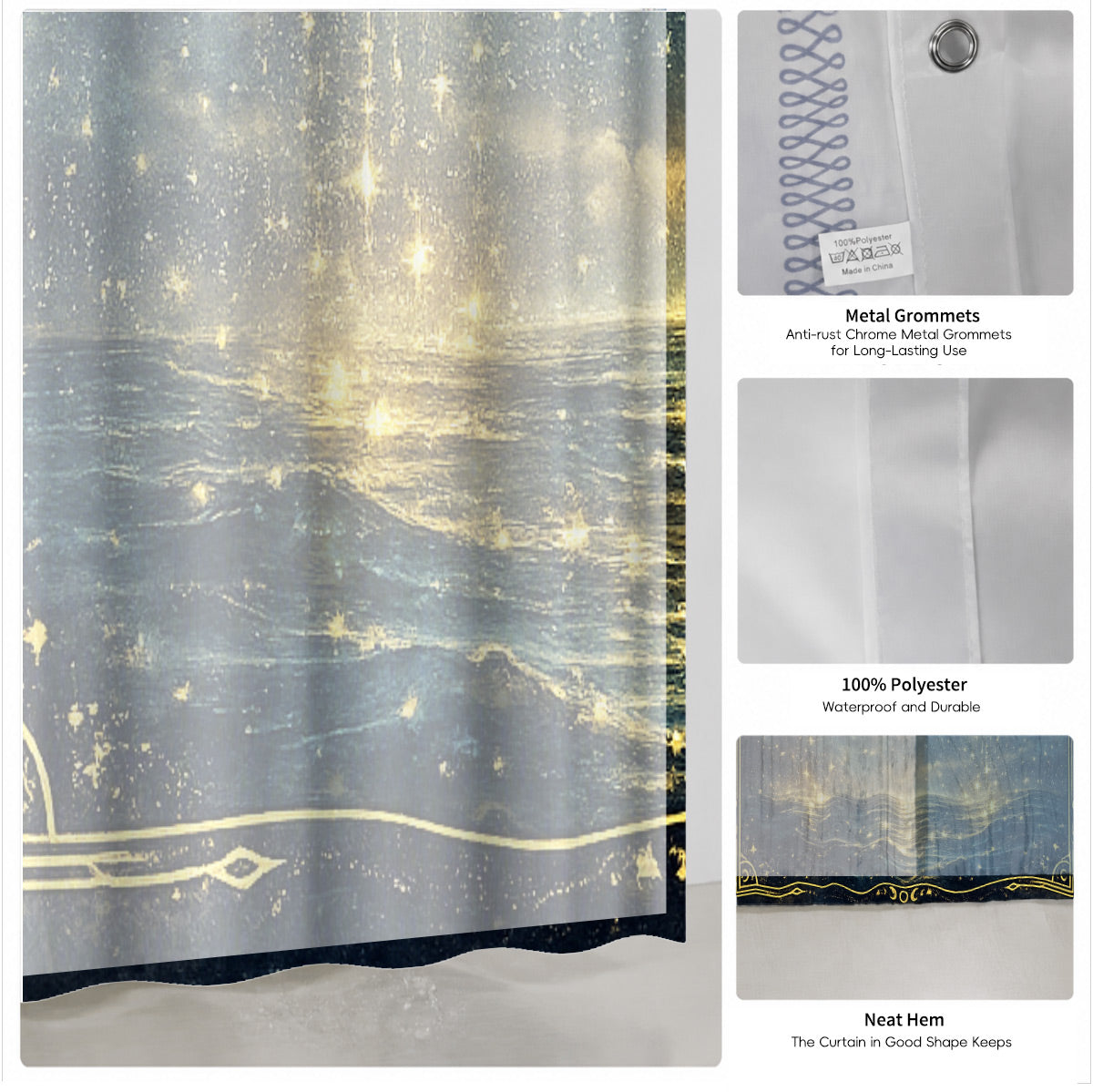 Celestial Sun Moon Shower Curtain Vintage Navy Blue Waterproof Decor