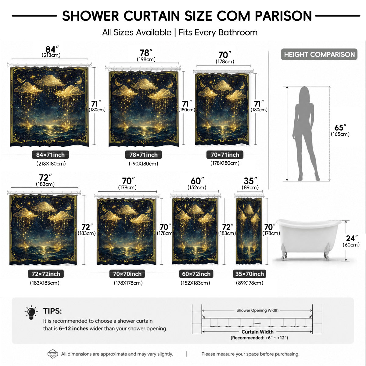 Celestial Sun Moon Shower Curtain Vintage Navy Blue Waterproof Decor