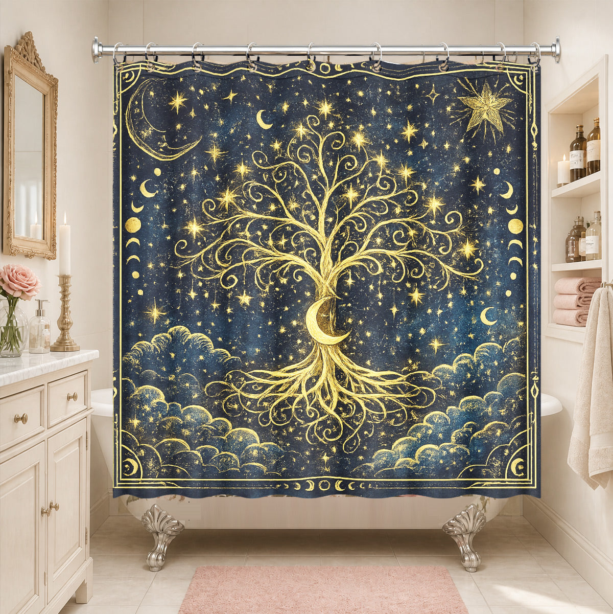 Celestial Sun Moon Shower Curtain Vintage Navy Blue Waterproof Decor