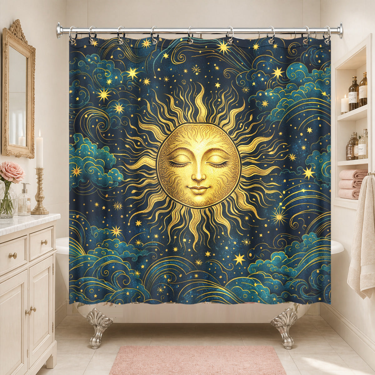 Celestial Sun Gate Shower Curtain Vintage Gold Mystical Bath Decor