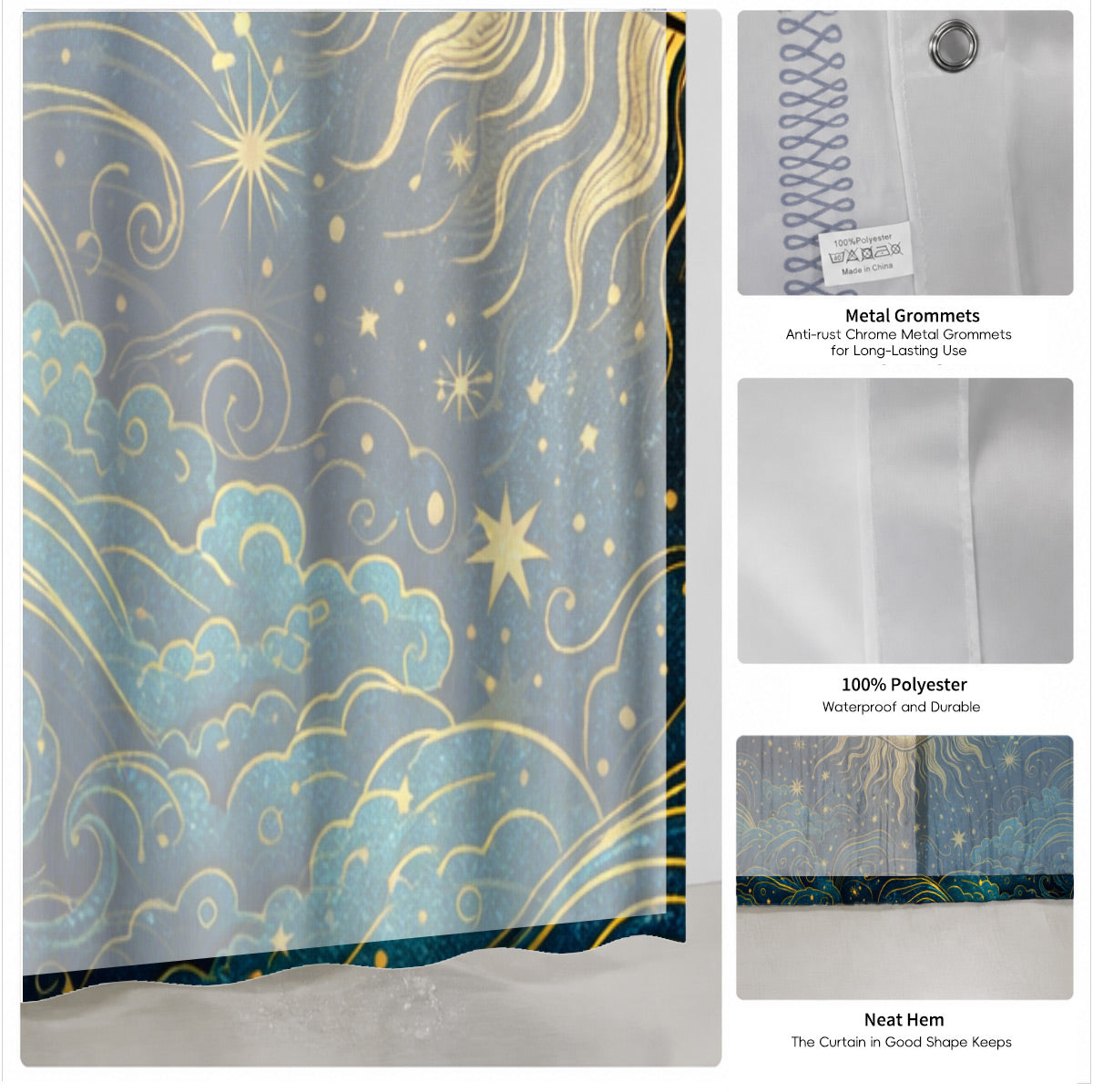 Celestial Sun Gate Shower Curtain Vintage Gold Mystical Bath Decor