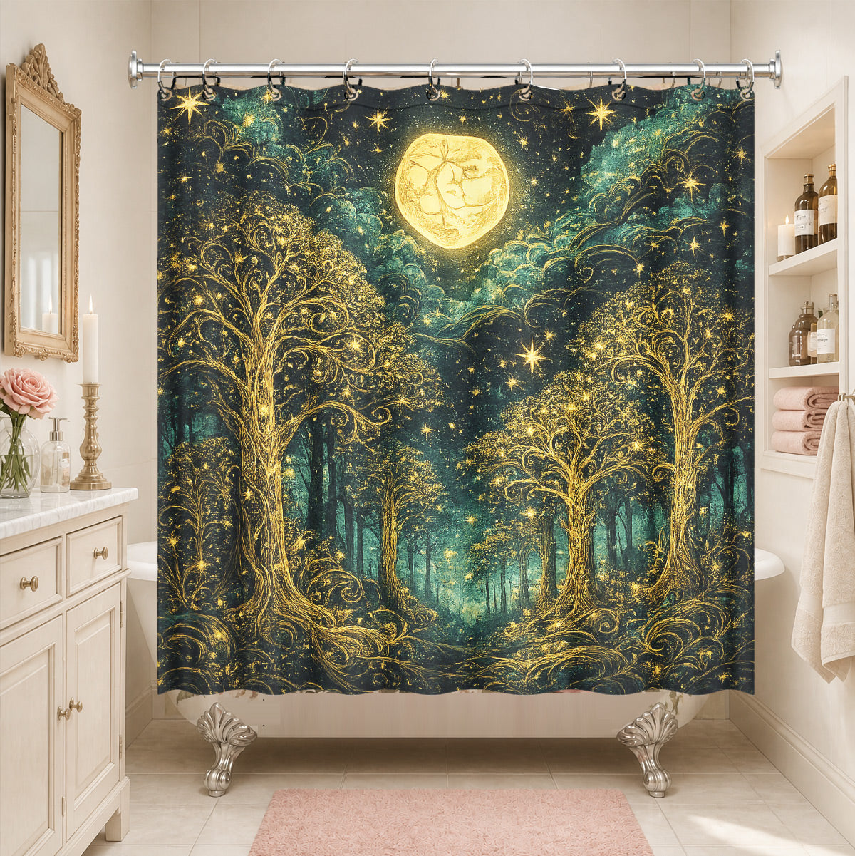Celestial Sun Gate Shower Curtain Vintage Gold Mystical Bath Decor