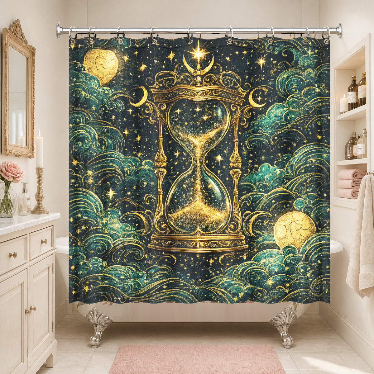 Celestial Sun Gate Shower Curtain Vintage Gold Mystical Bath Decor