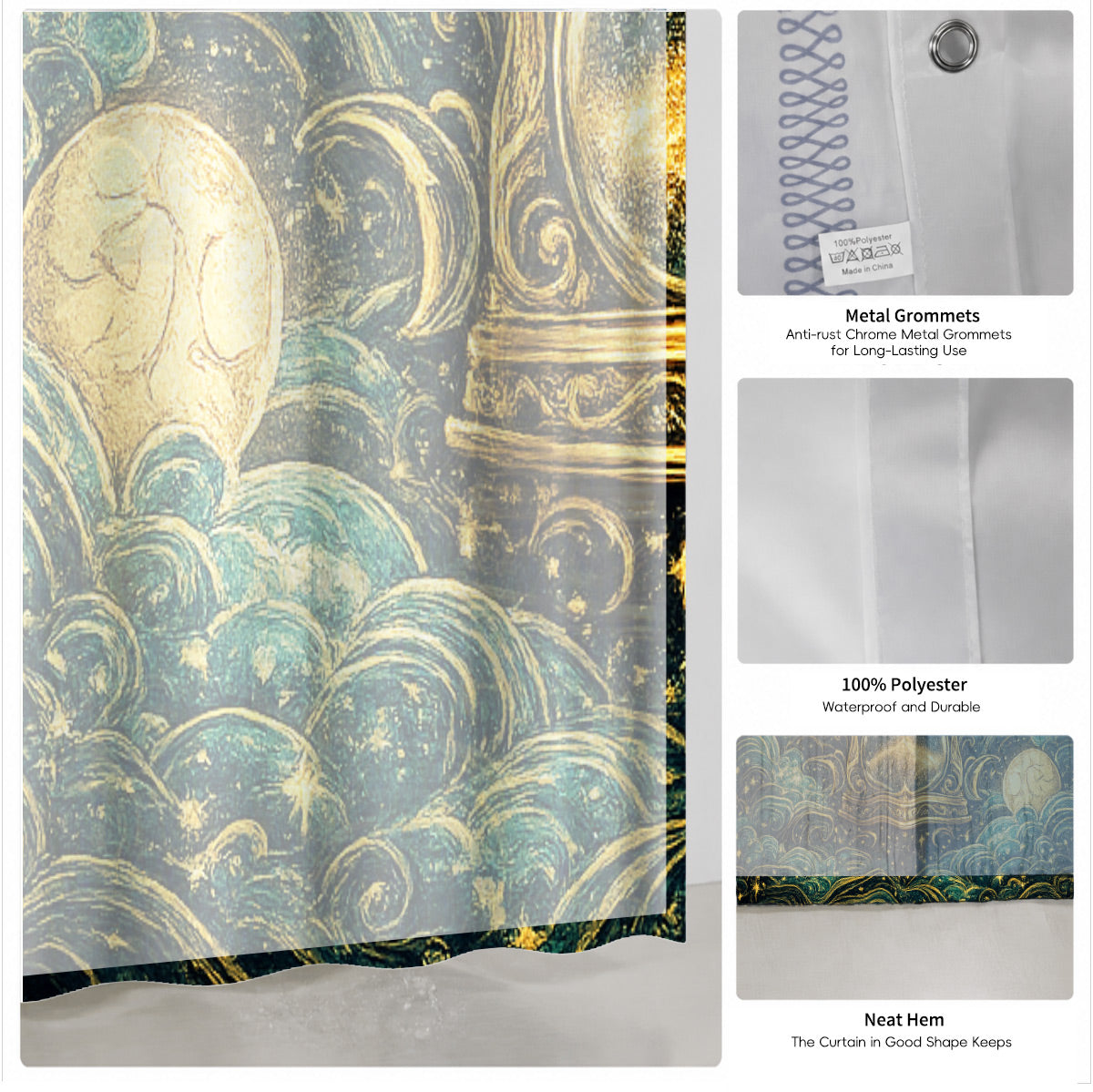 Celestial Sun Gate Shower Curtain Vintage Gold Mystical Bath Decor