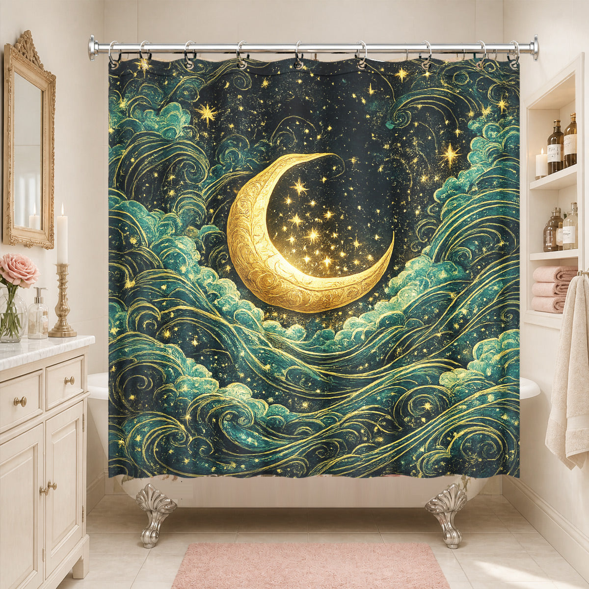 Celestial Sun Gate Shower Curtain Vintage Gold Mystical Bath Decor