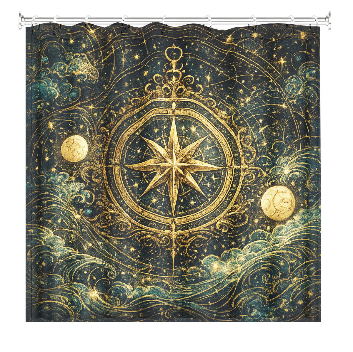 Celestial Sun Gate Shower Curtain Vintage Gold Mystical Bath Decor