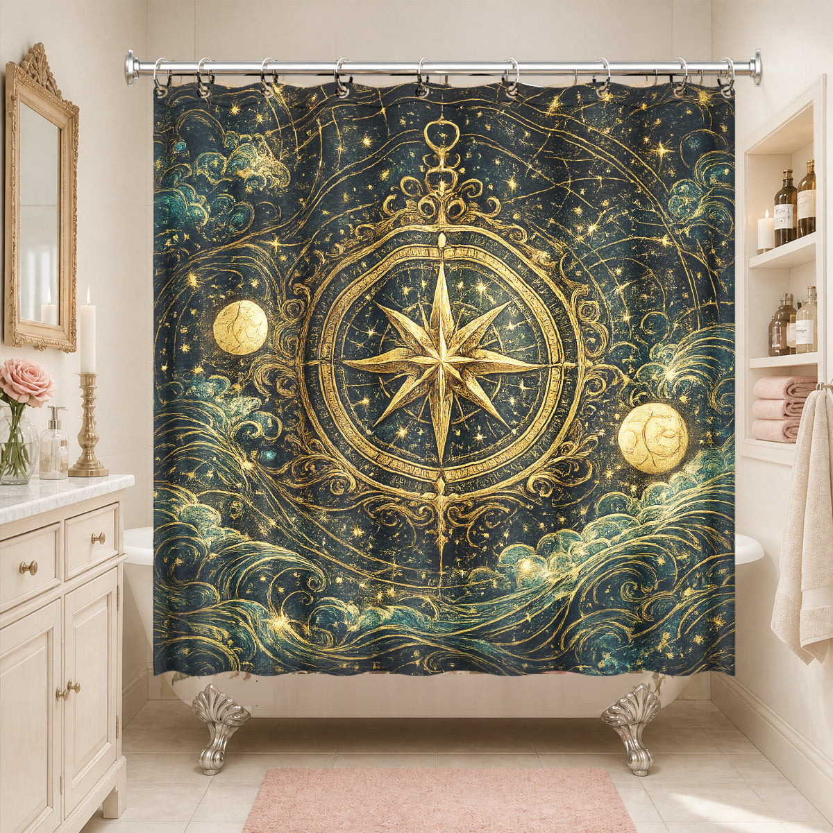 Celestial Sun Gate Shower Curtain Vintage Gold Mystical Bath Decor