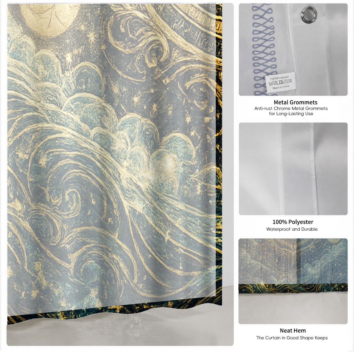 Celestial Sun Gate Shower Curtain Vintage Gold Mystical Bath Decor