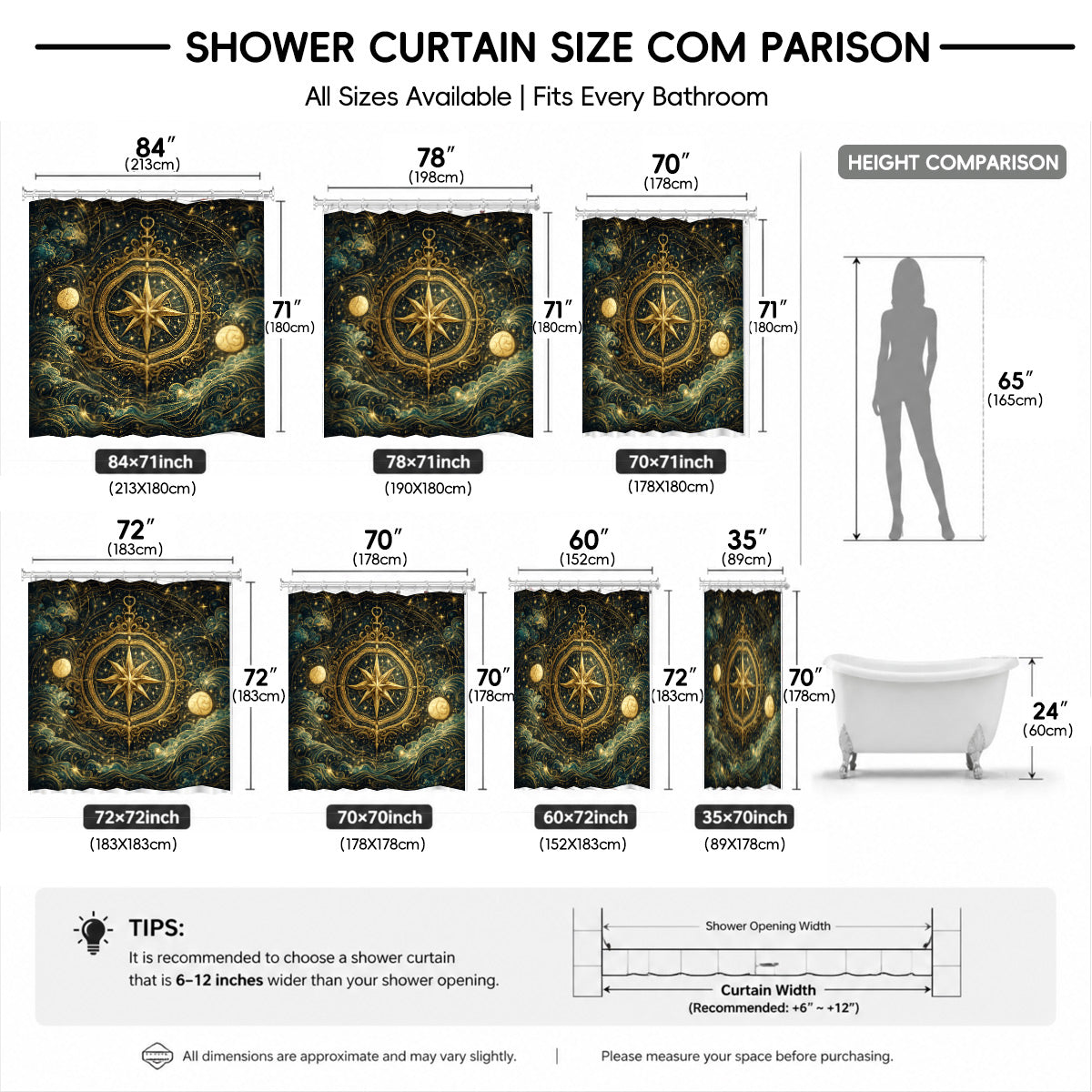 Celestial Sun Gate Shower Curtain Vintage Gold Mystical Bath Decor