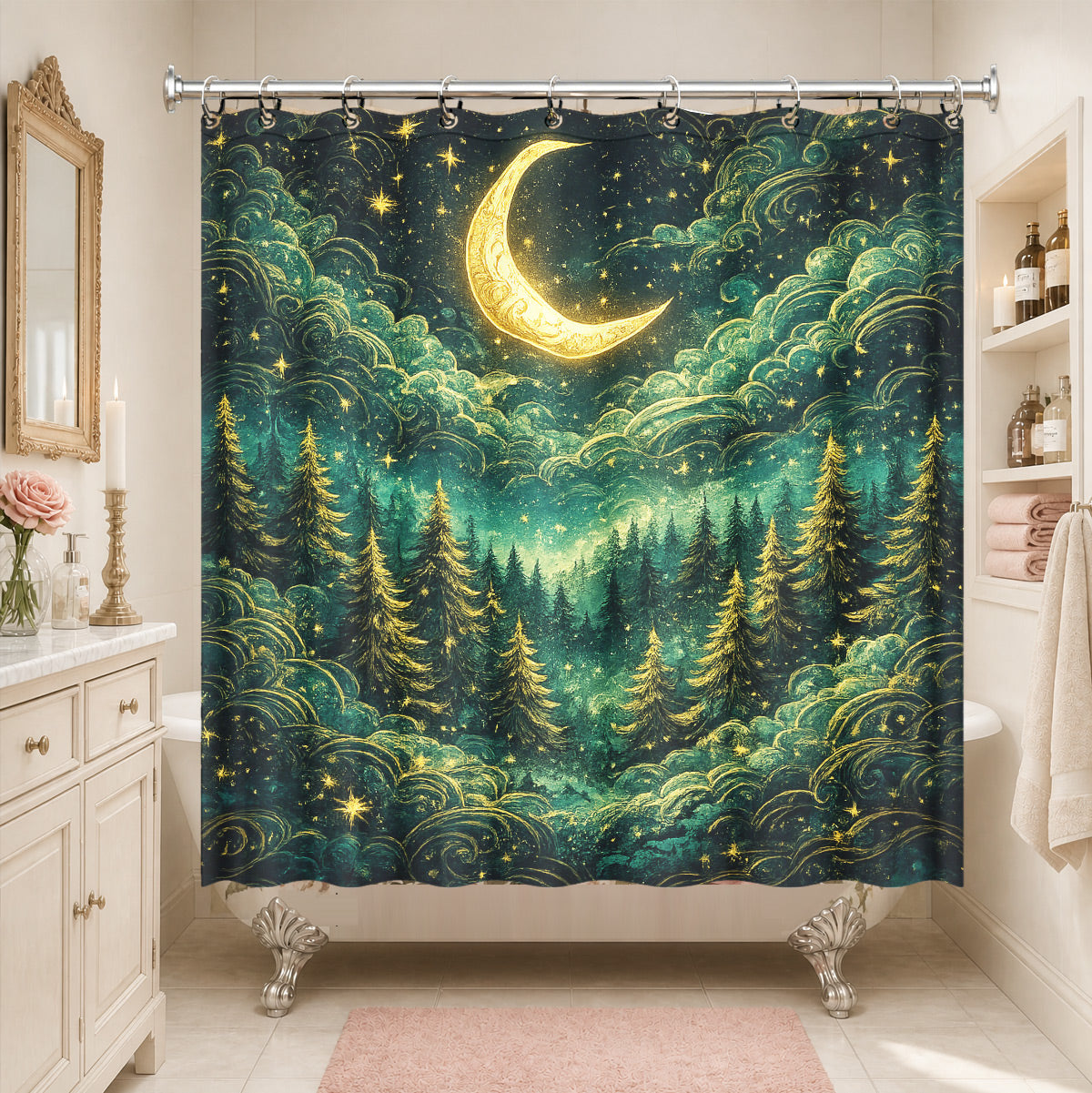 Celestial Sun Gate Shower Curtain Vintage Gold Mystical Bath Decor