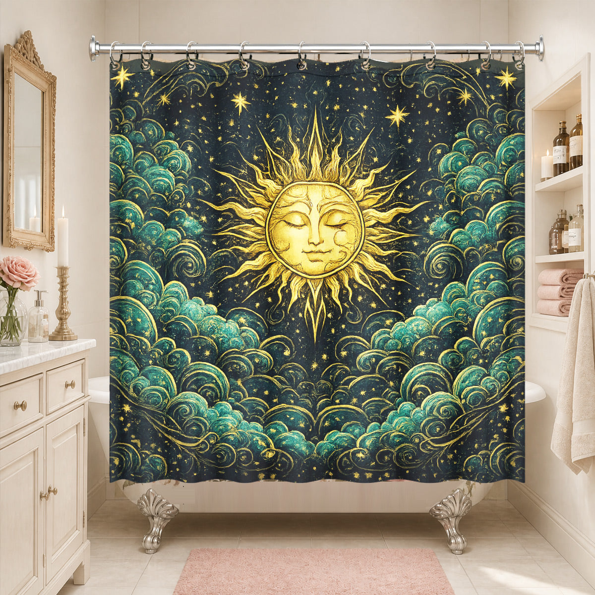 Celestial Sun Gate Shower Curtain Vintage Gold Mystical Bath Decor