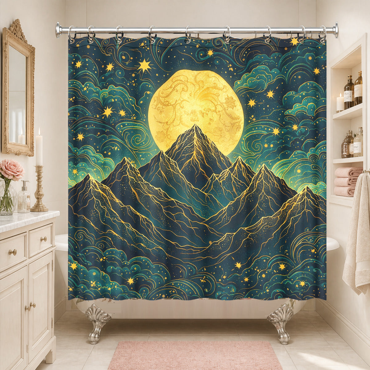 Celestial Sun Gate Shower Curtain Vintage Gold Mystical Bath Decor