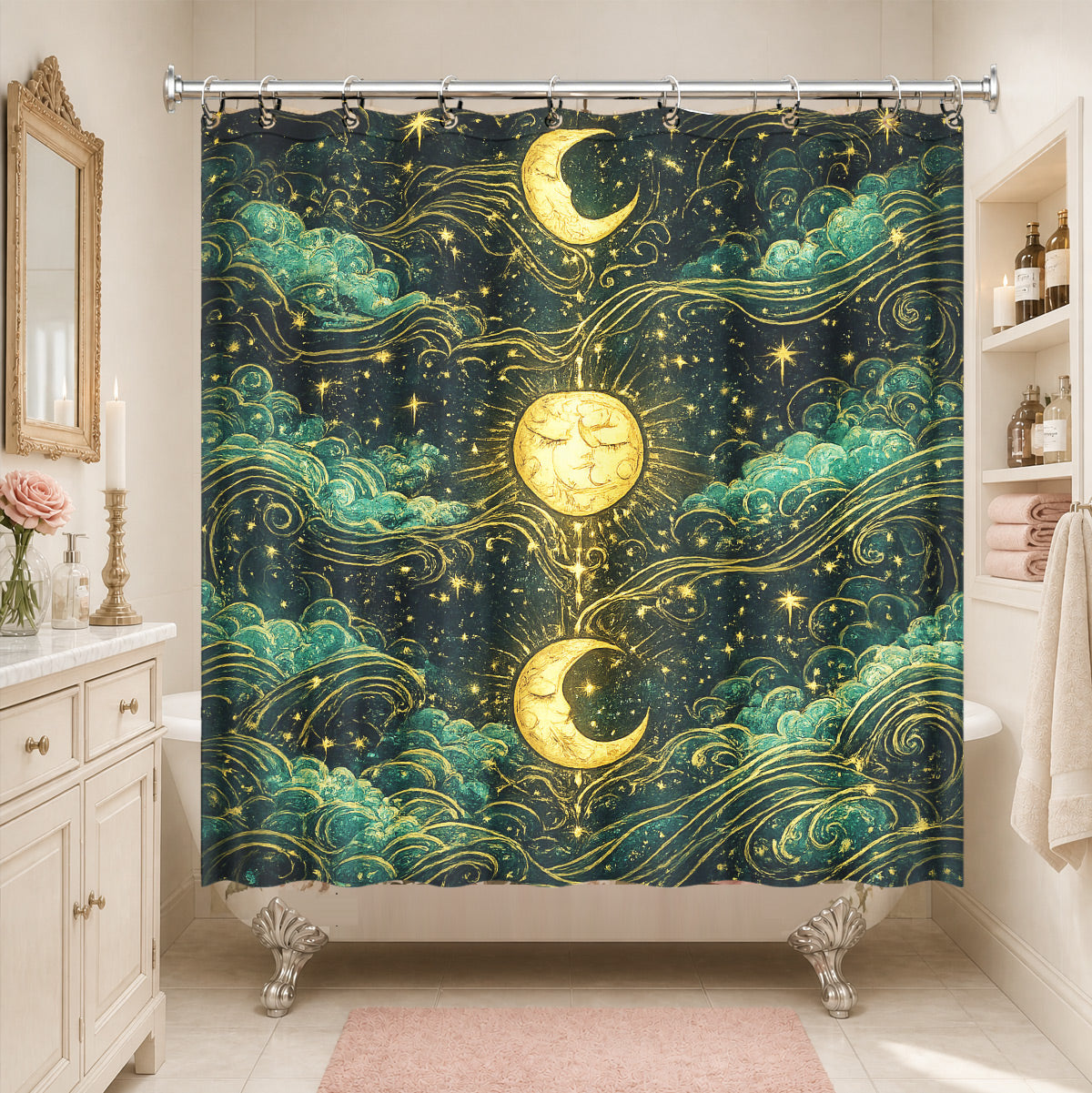Celestial Sun Gate Shower Curtain Vintage Gold Mystical Bath Decor