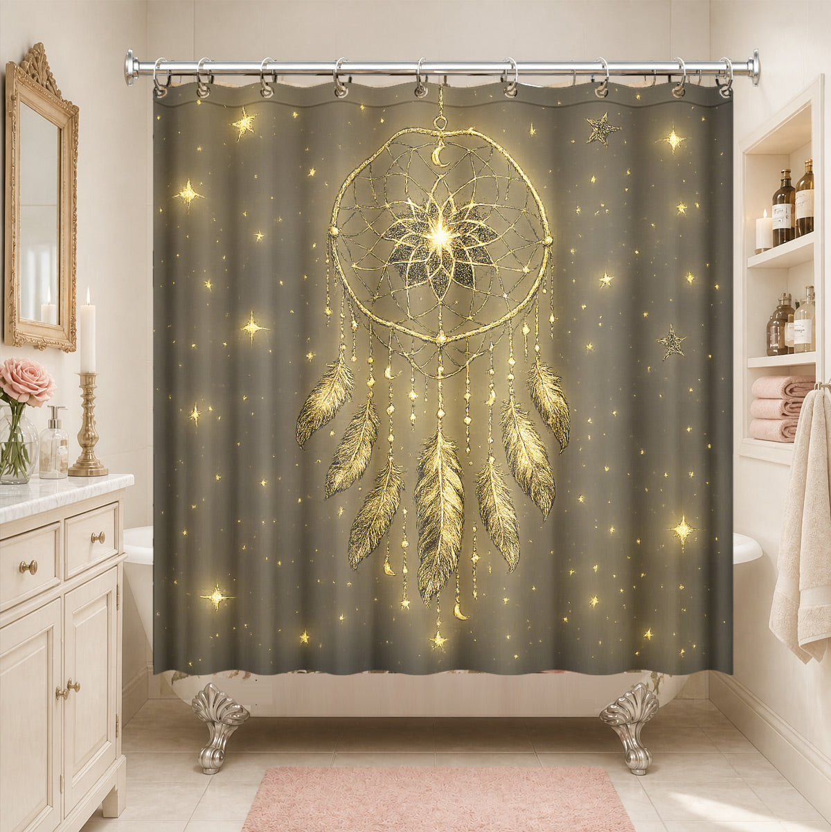 Celestial Sun Moon Dreamcatcher Shower Curtain Vintage Galaxy Bath Decor