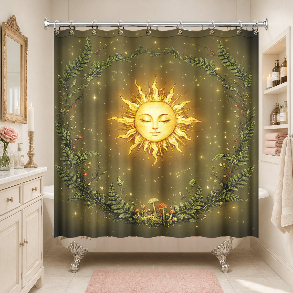 Vintage Celestial Mushroom Shower Curtain Dark Academia Waterproof Decor